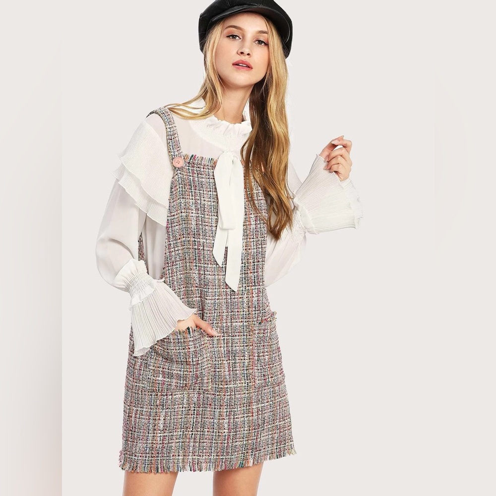 SHEIN Fringe Trim Tweed Overall Dress Multicolor Size XS (can fit a S as well)